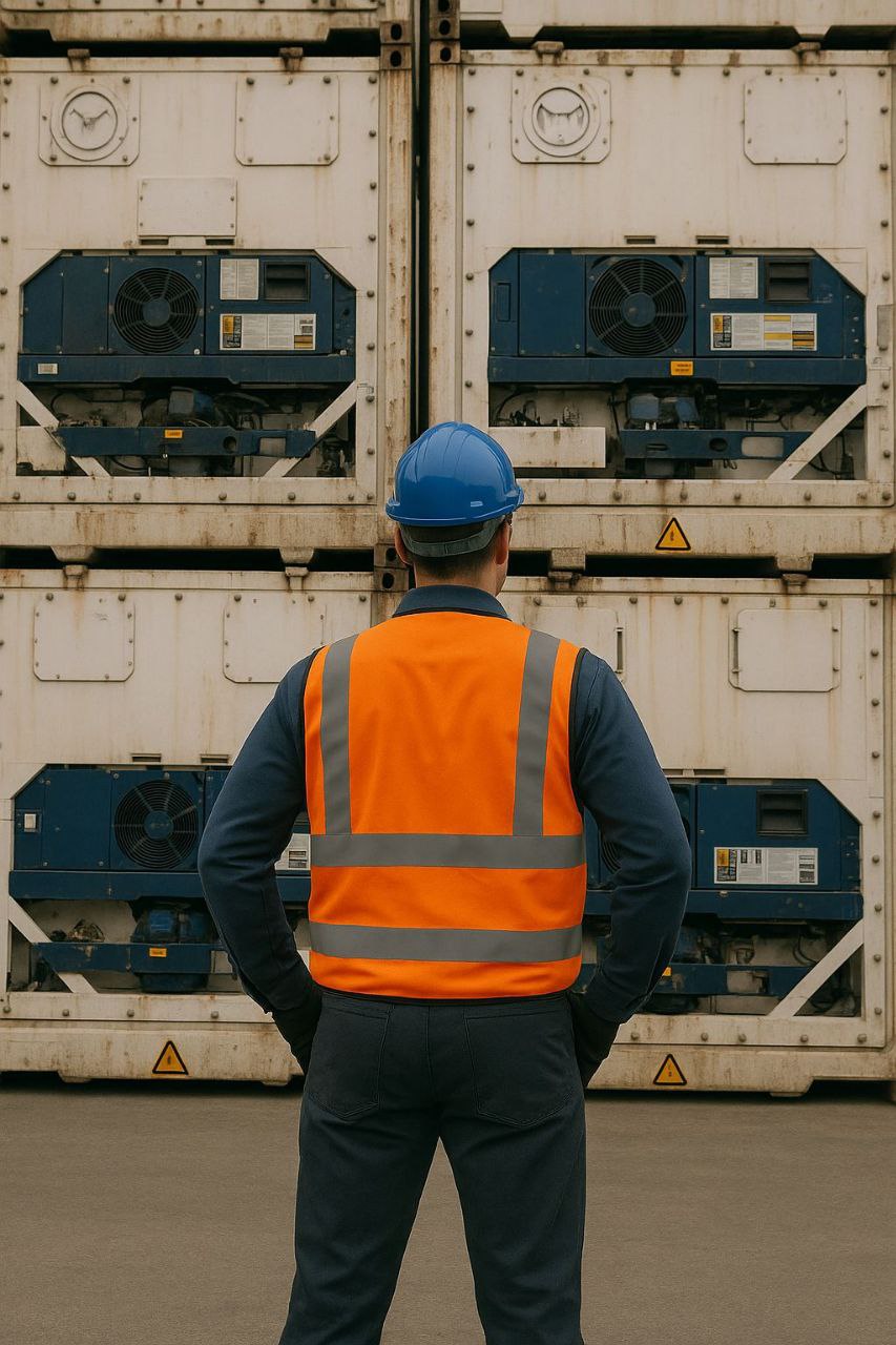 Profissional diante de unidades de refrigeração de containers